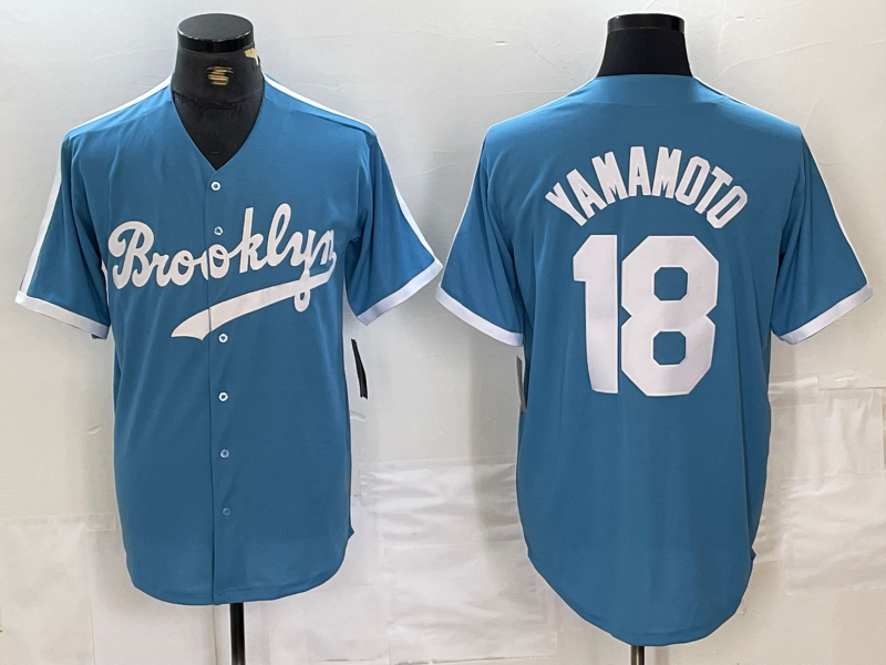 Brooklyn Dodgers #18 Yoshinobu Yamamoto Light Blue Cooperstown Collection Cool Base Baseball Jersey