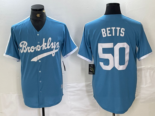 Brooklyn Dodgers #50 Mookie Betts Light Blue Cooperstown Collection Cool Base Baseball Jersey