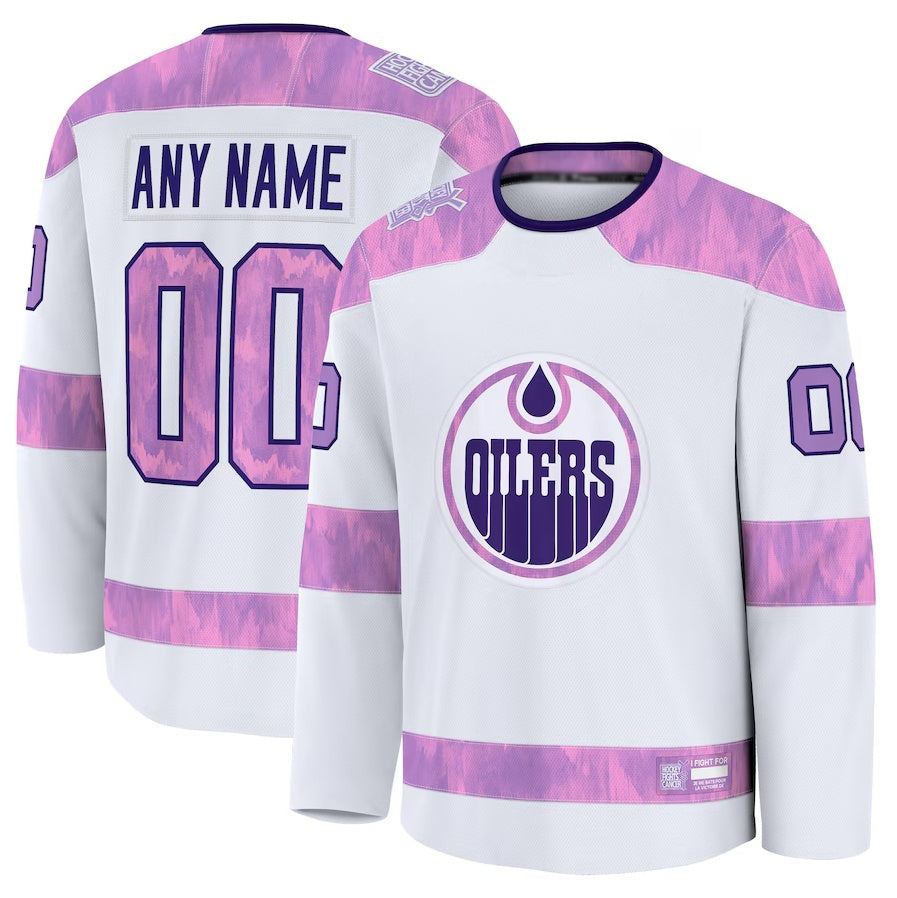 Custom E.Oilers Fanatics 2024 Hockey Fights Cancer Practice Jersey - White Stitched American Hockey Jerseys