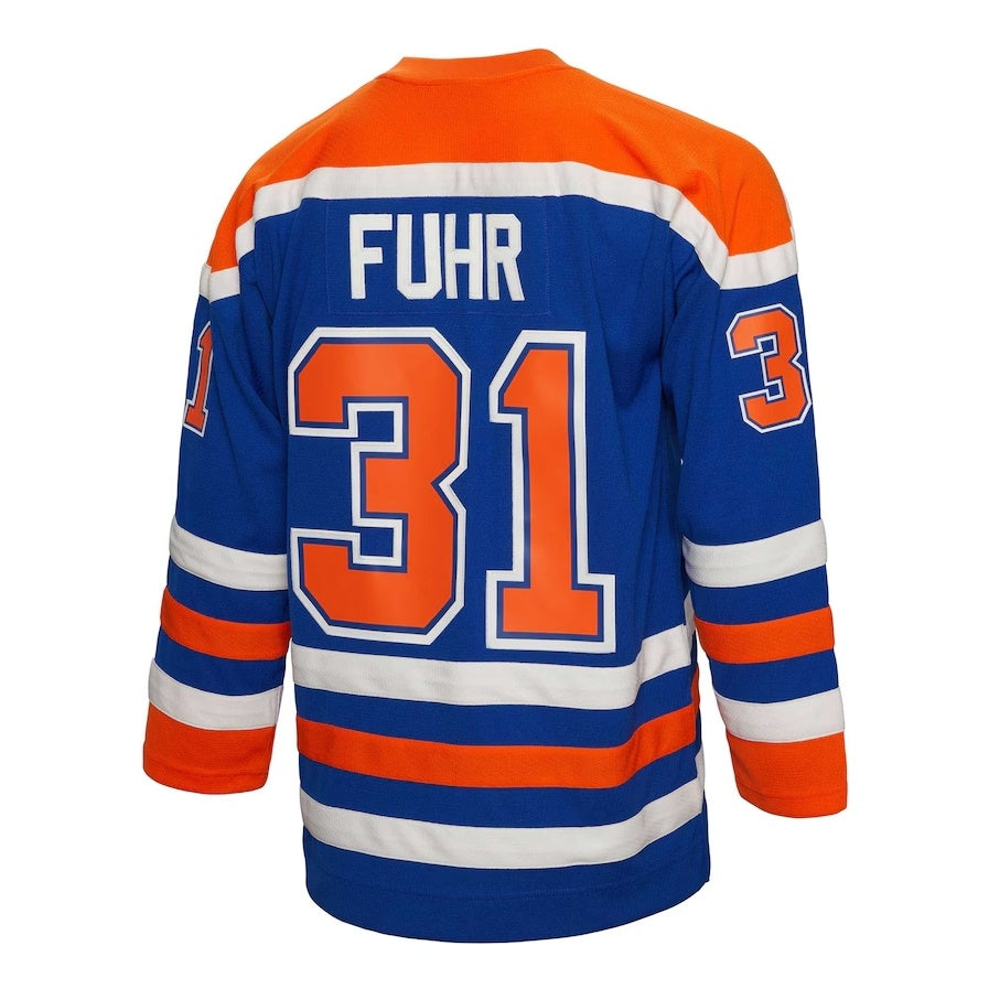 E.Oilers #31 Grant Fuhr Mitchell & Ness 1986-87 Blue Line Player Jersey - Royal Stitched American Hockey Jerseys