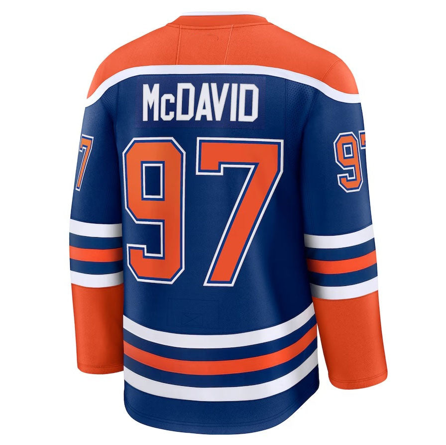 E.Oilers #97 Connor McDavid Fanatics Home Premium Jersey - Royal Stitched American Hockey Jerseys