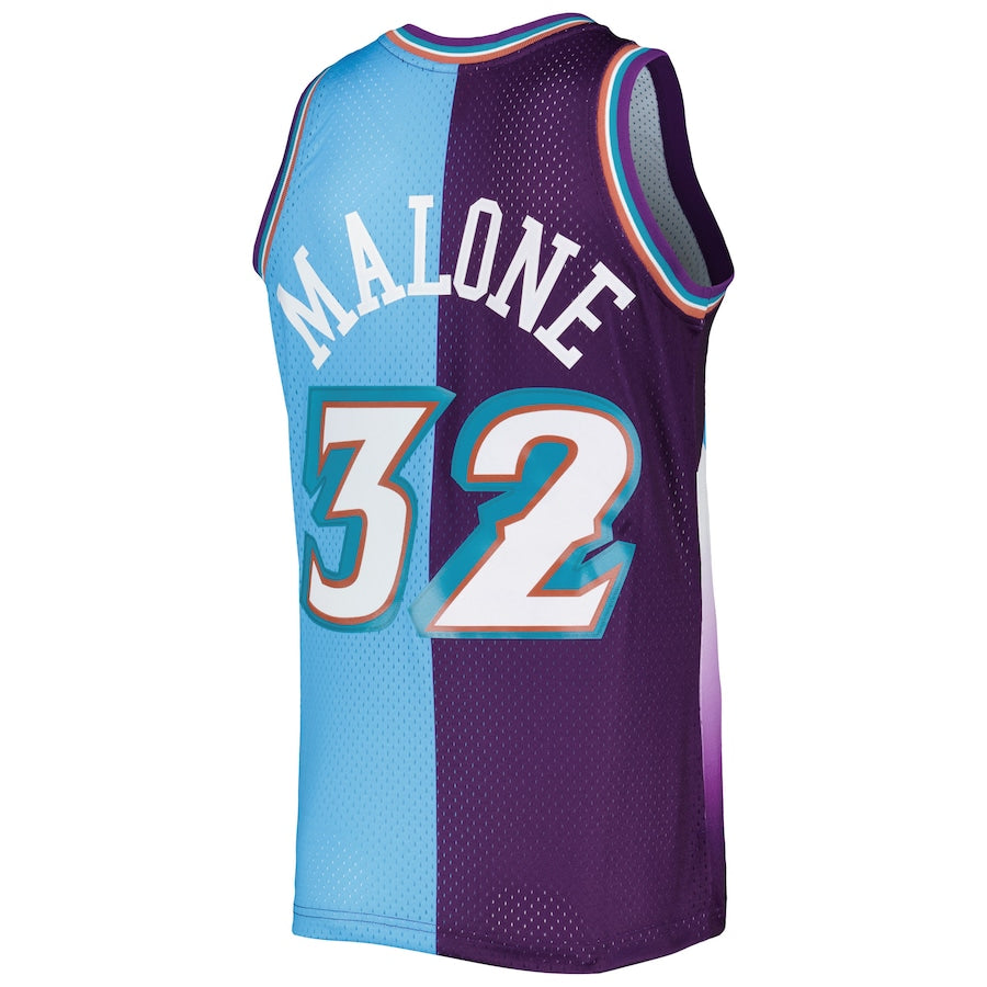 U.Jazz #32 Karl Malone Mitchell & Ness Hardwood Classics 1996-97 Split Swingman Jersey PurpleTurquoise Stitched American Basketball Jersey