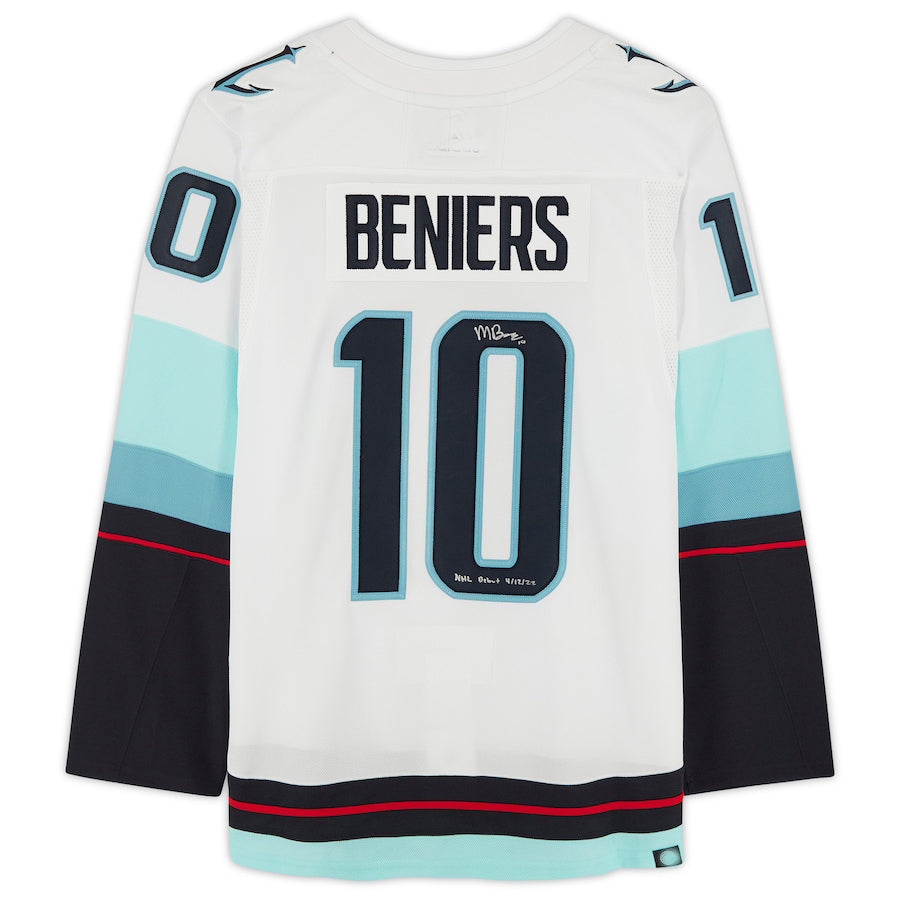 S.Kraken #10 Matt Beniers Fanatics Authentic Autographed with  Debut 4-12-22 Inscription and Inaugural Season Jersey Patch White Hockey Jerseys
