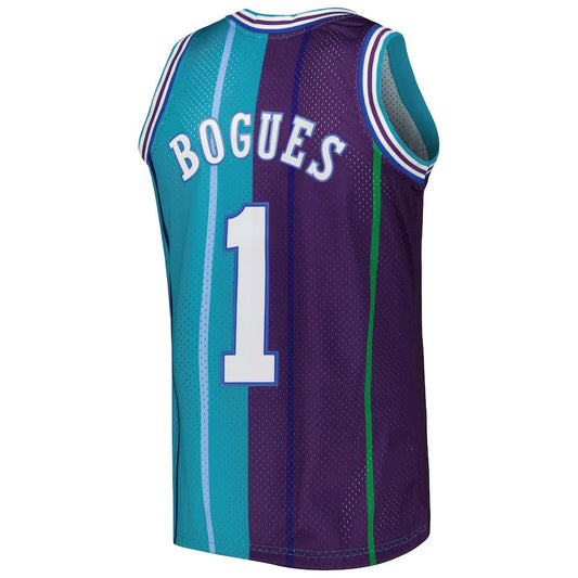 C.Hornets #1 Muggsy Bogues Mitchell & Ness Hardwood Classics 1992-93 Split Swingman Jersey Teal Purple Stitched American Basketball Jersey