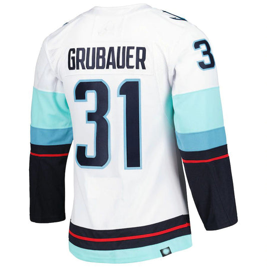 S.Kraken #31 Philipp Grubauer Primegreen Authentic Pro Away Player Jersey White Stitched American Hockey Jerseys