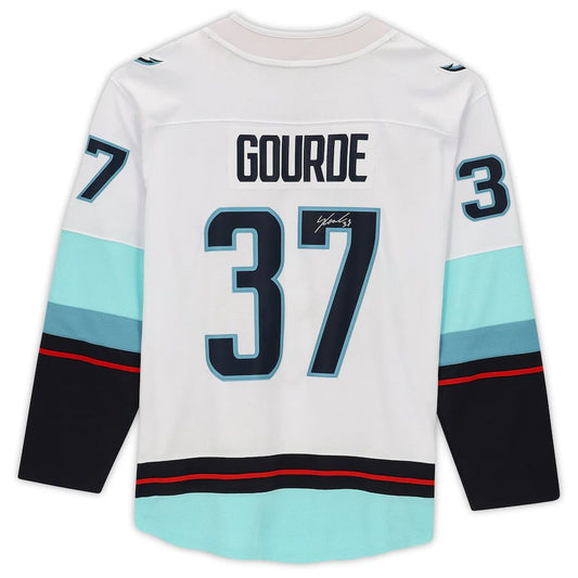 S.Kraken #37 Yanni Gourde Fanatics Authentic Autographed with Inaugural Season Patch White Stitched American Hockey Jerseys